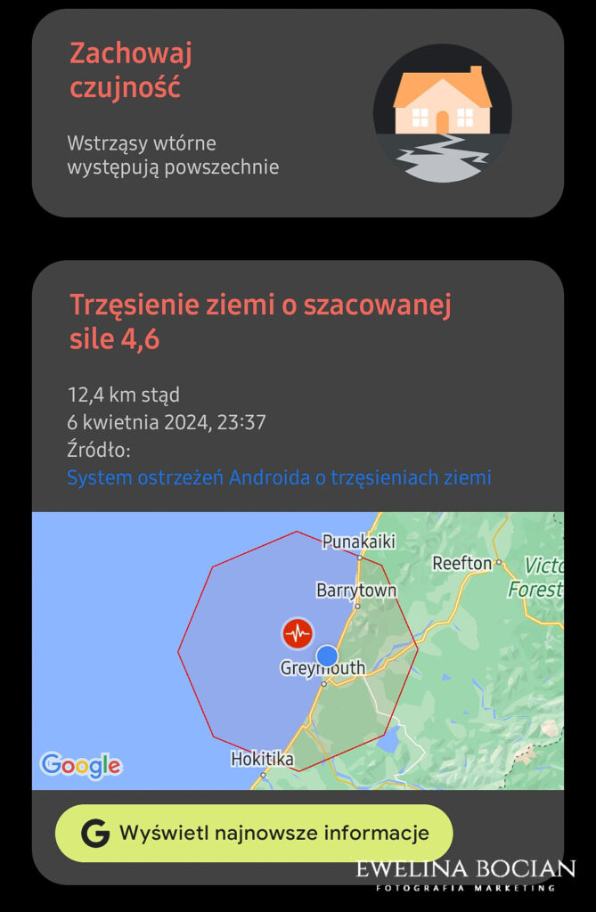 Screenshot, powiadomienie o trzęsieniu ziemi wraz z zaleceniami